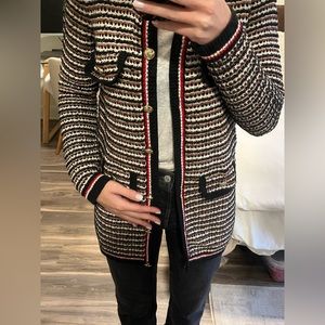 Mango tweed red black and white cardigan with gold buttons